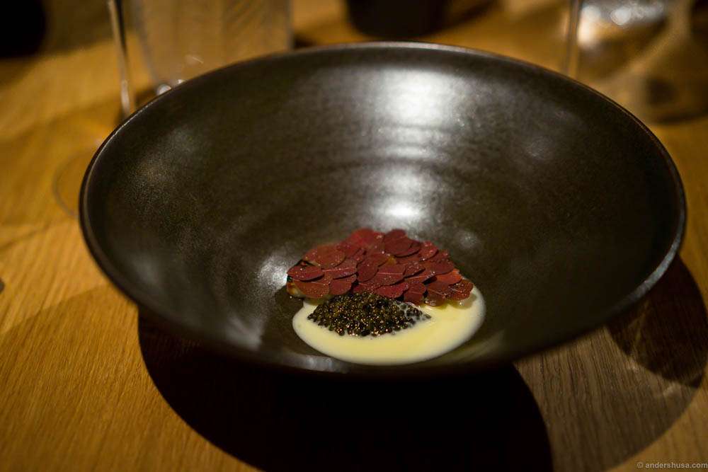 Smoked celeriac, caviar, woodruff and fermented white asparagus. Many new Nordic restaurants have their version of this, like Noma an Maaemo, but this is my favorite of them all. Celeriac, I love you!