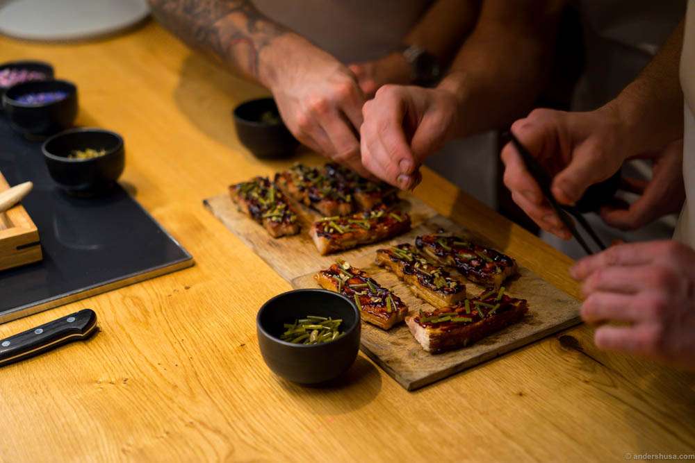 Plating the roasted pork