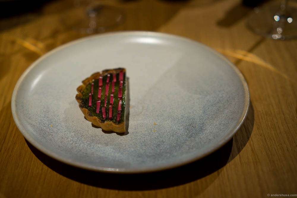 Caramelized buttermilk tart, spruce cones and primula syrup