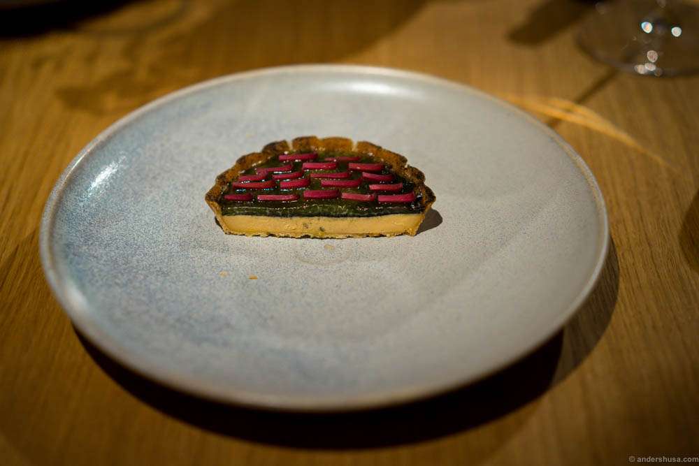 Caramelized buttermilk tart, spruce cones and primula syrup.