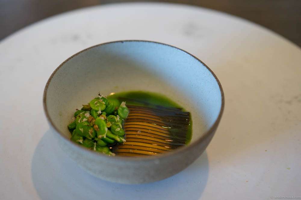 Sweet peas, milk curd and sliced kelp. A visually stunning dish, but not my favorite flavorwise