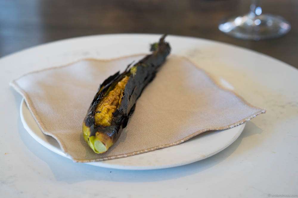 Grilled baby corn with egg yolk and beef marinade. I am usually not a big fan of baby corn, but this was taking it next level...
