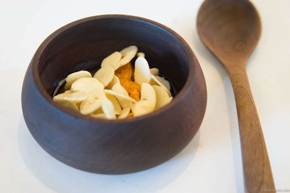 Sea urchin and hazelnut oil. Sea urchins to me has a funky flavor, that I can't seem to get accustomed to. Thus, the garnish is everything, and Noma really nailed it with this version.