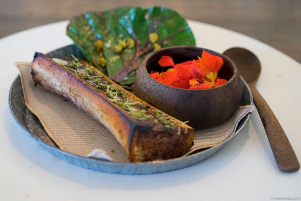 Roasted bone marrow taco. You scrape out the bone marrow, fill up the leafs and decorate with flowers