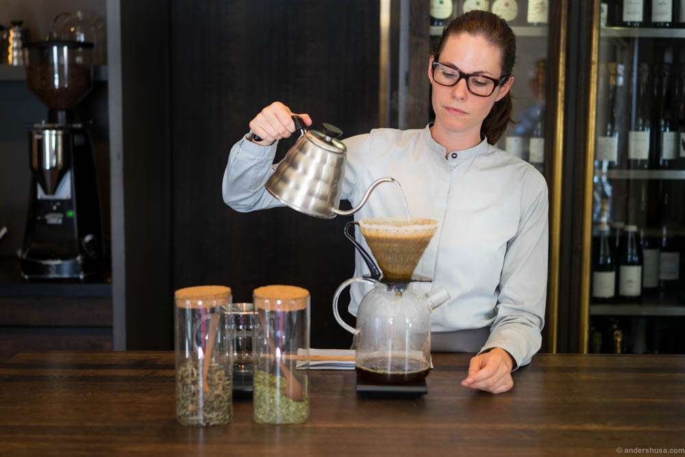Tim Wendelboe has personally trained the Noma staff in different methods of coffee brewing. Here we are getting a V60 done