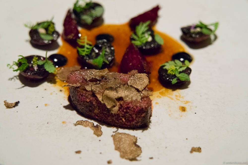 Loin of deer with grilled cherry, new beetroots, orange Tagetes & truffle