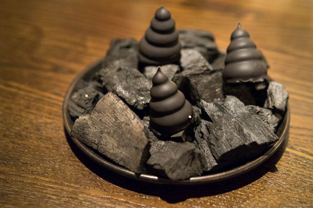 “Flødebolle” with yuzu and fermented garlic. Lakrids by Johan Bülow inside, of course