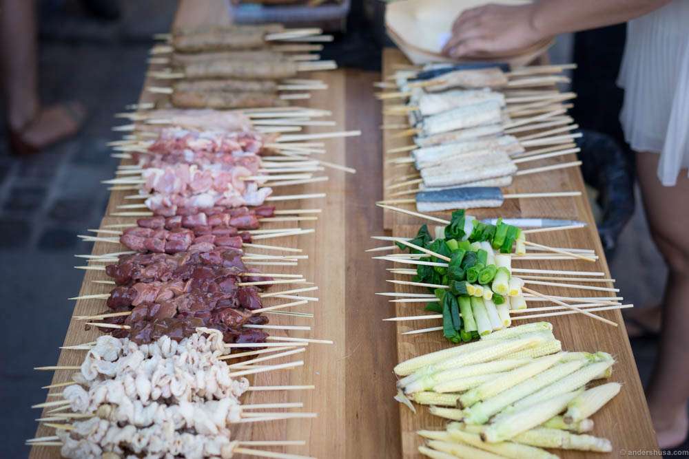 Chicken meat, skin, hearts & livers, tskune, eel, spring onions and baby corn skewers