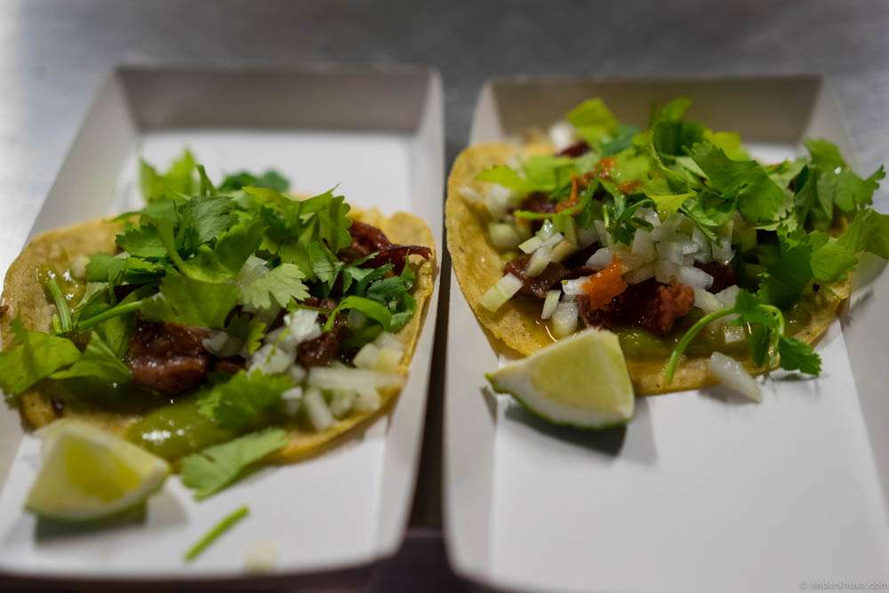 The very last tacos of the night. Jon had saved these babies for himself. The softest part of the veal tongue. But he was overwhelmed by our dedication to cycle all the way out here and happily served them to us.