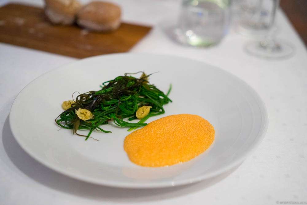 Fried turbot with leek, winged kelp, fermented gooseberries and butter sauce with «løyrom»