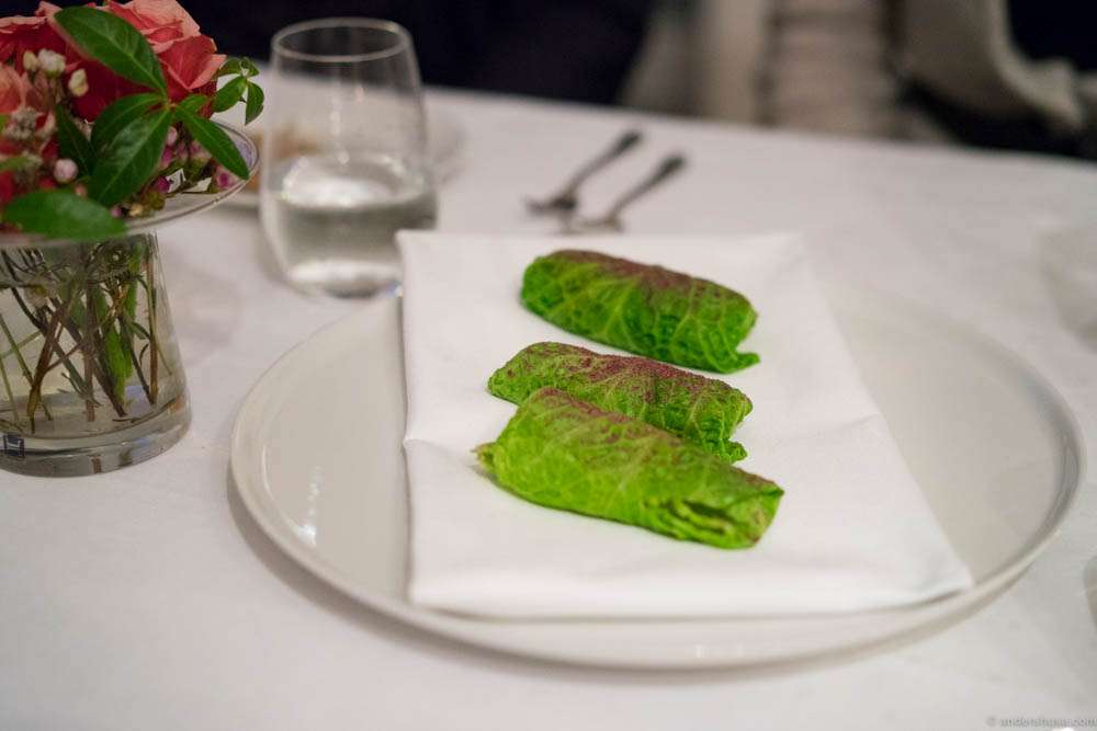 Cabbage rolls with oyster emulsion, sea lettuce, fried langoustine and rose hip powder