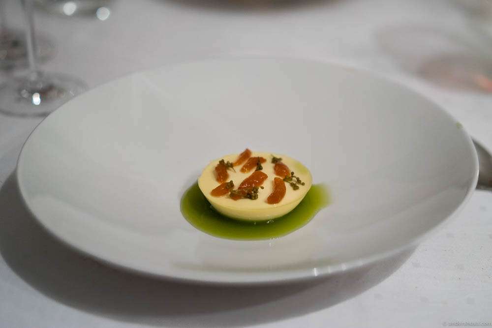 Chamomile cream with pickled plums, elderberry capers and sorrel juice