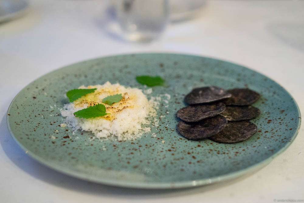Dried cod floss with Holtefjell cheese & vinegar. Mini malt tortillas and lemon balm