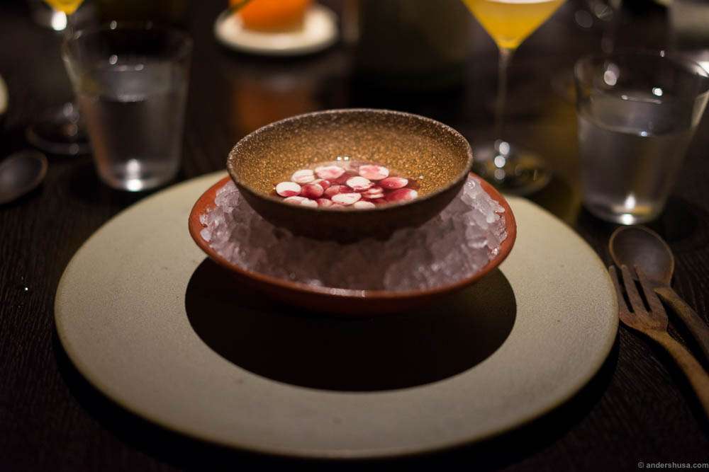 Unripe macadamia nuts in a cold broth of spanner crab