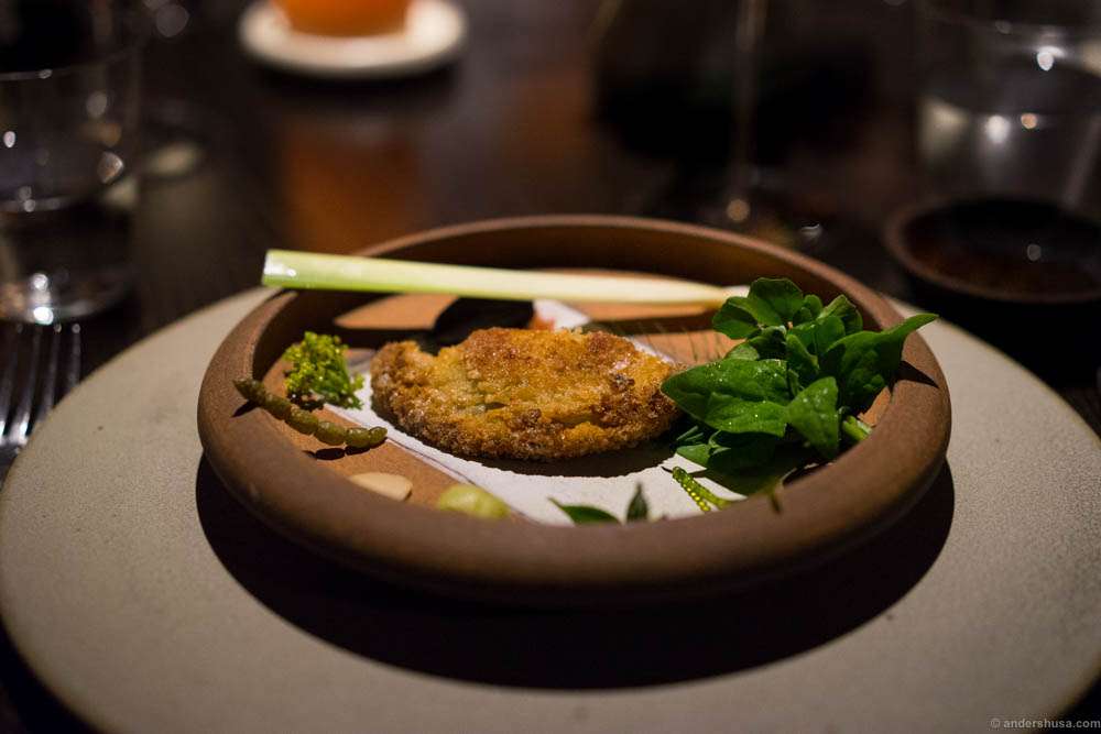 Abalone schnitzel and bush condiments. Notice the Neptune's necklace on the left side