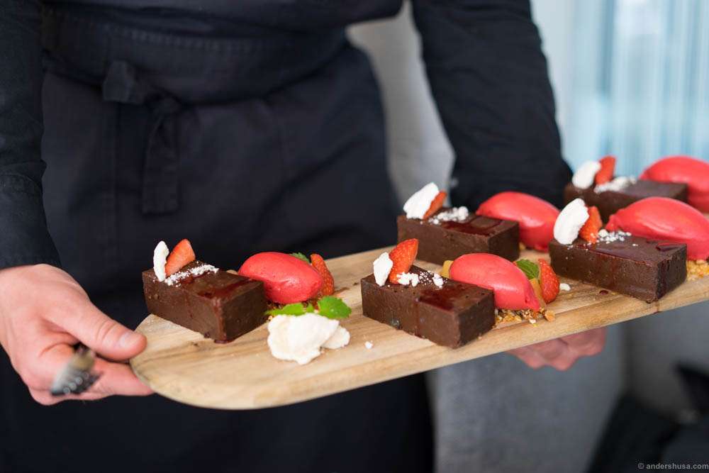 Chocolate Nemesis cake and strawberry sorbet