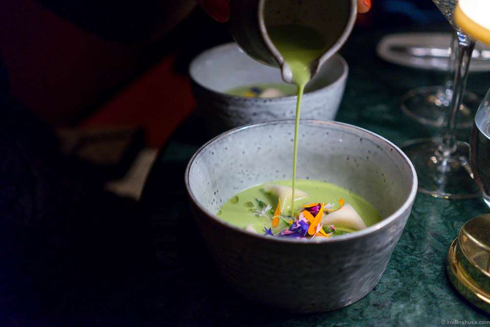 Green tomato soup with oysters, turnips, horseradish & flowers from Tuna gardens