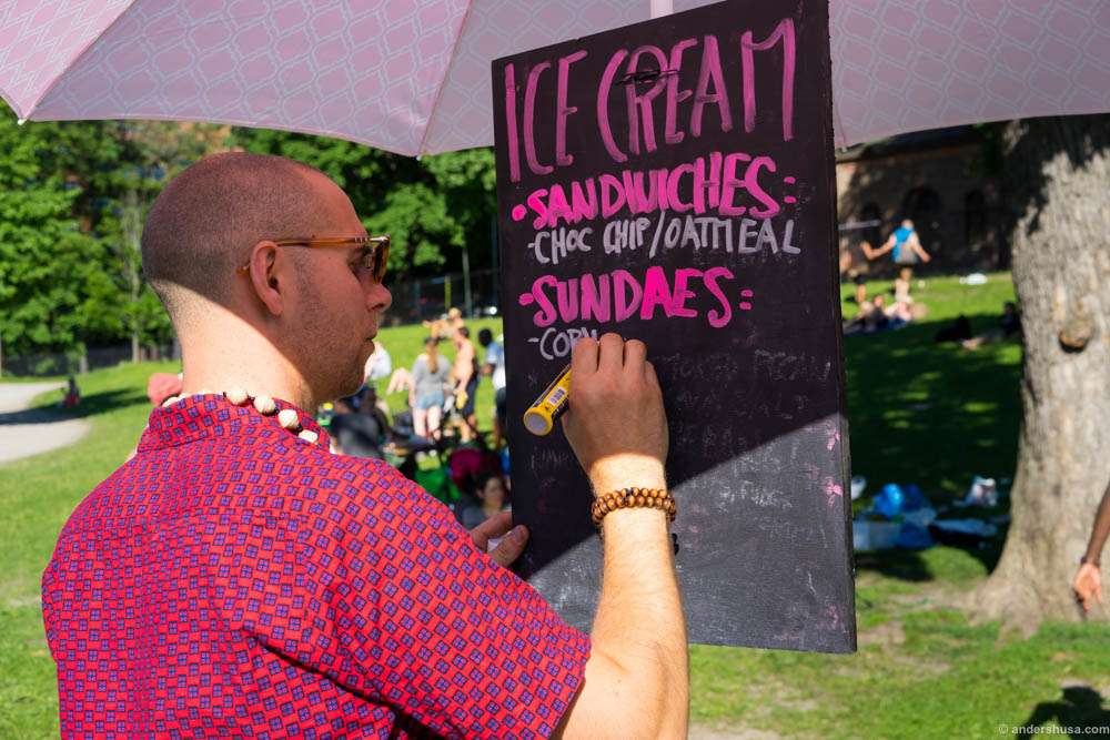 Eric Christian King handwrites the menu with a matching pink pen