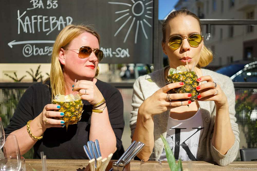 Pineapple cocktails in the sun at BA53 with Helle's Kitchen and my girl Hedda wearing Erik's sunglasses