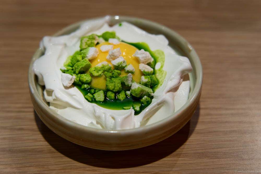 Lemon cream, meringue, laurel oil and yogurt soft ice cream.
