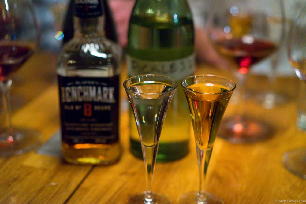Pickles shot! Pickles water and Benchmark bourbon