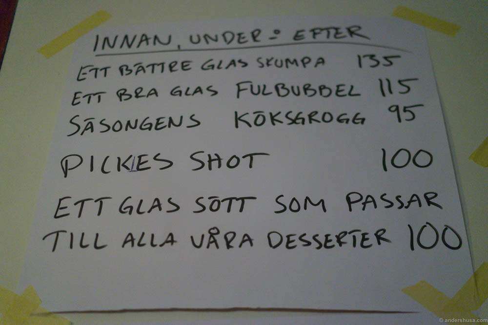 The menu taped to the wall at Lilla Ego