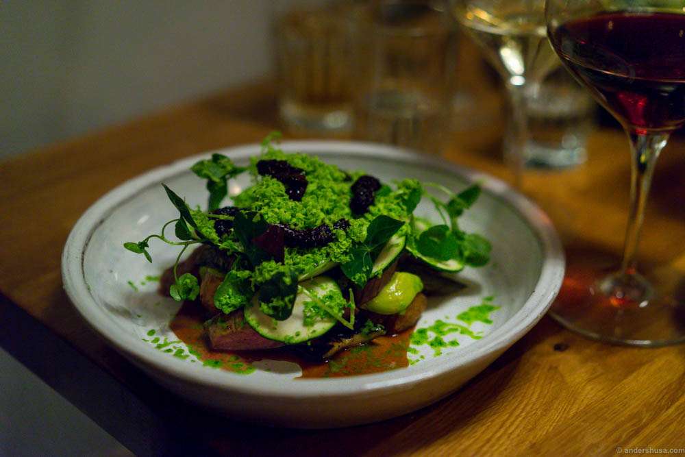 Rosemary lamb with ramson emulsion, zucchini and morels