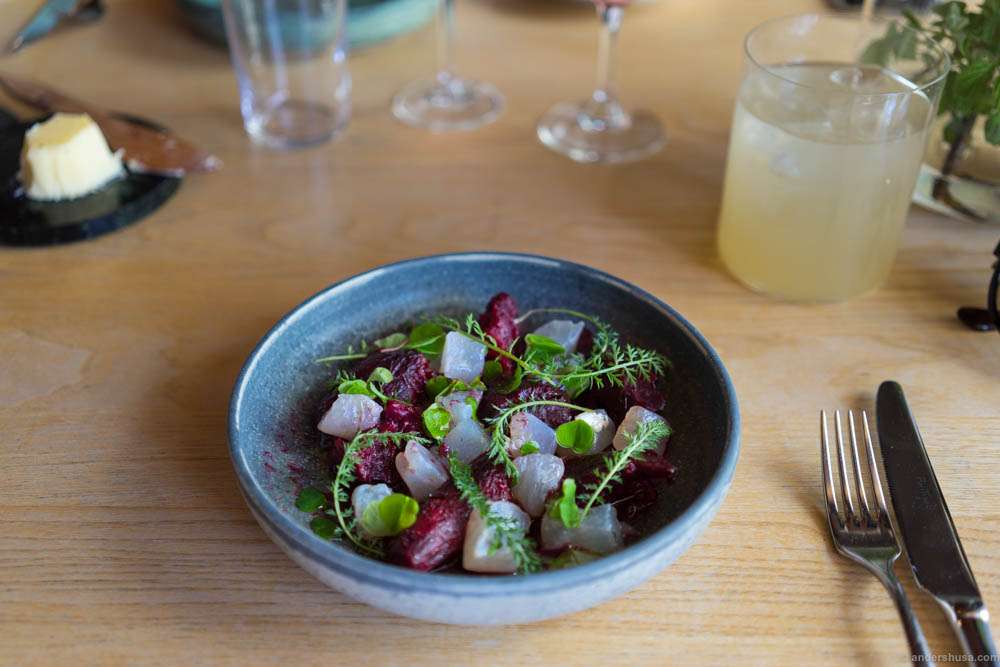 Cured pike perch with beetroot, plums and pine