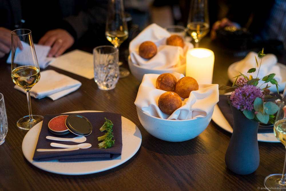 Studio snack 4: "Æbleskive" – Danish pancake puffs – served with lumpfish roe and cream