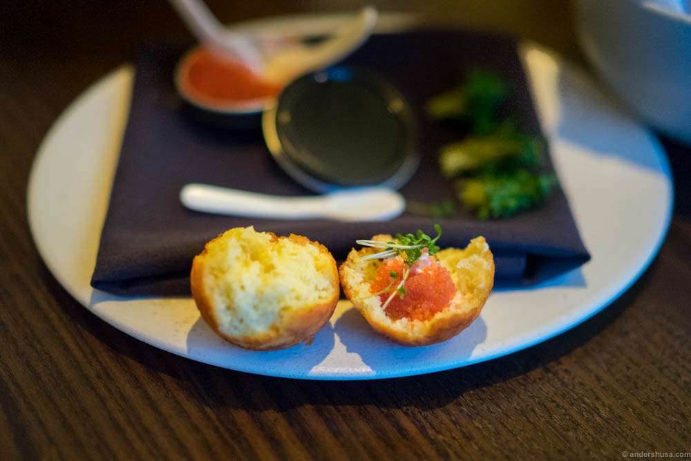 Studio snack 4: "Æbleskive" – Danish pancake puffs – served with lumpfish roe and cream