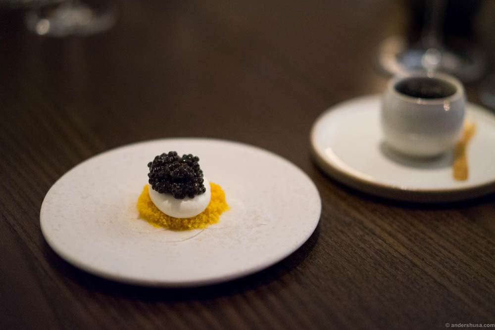 Hertog Jan dish 1: 2 x Royal Belgium Caviar. One with turnip & fish roe and one with sea urchin & yuzu