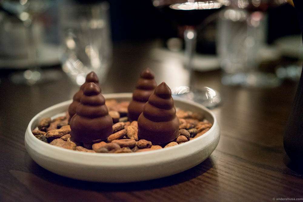 Studio's petit four: Danish meringue with rhubarb and Norwegian whey foam and crisp 64% cocoa Gianduja