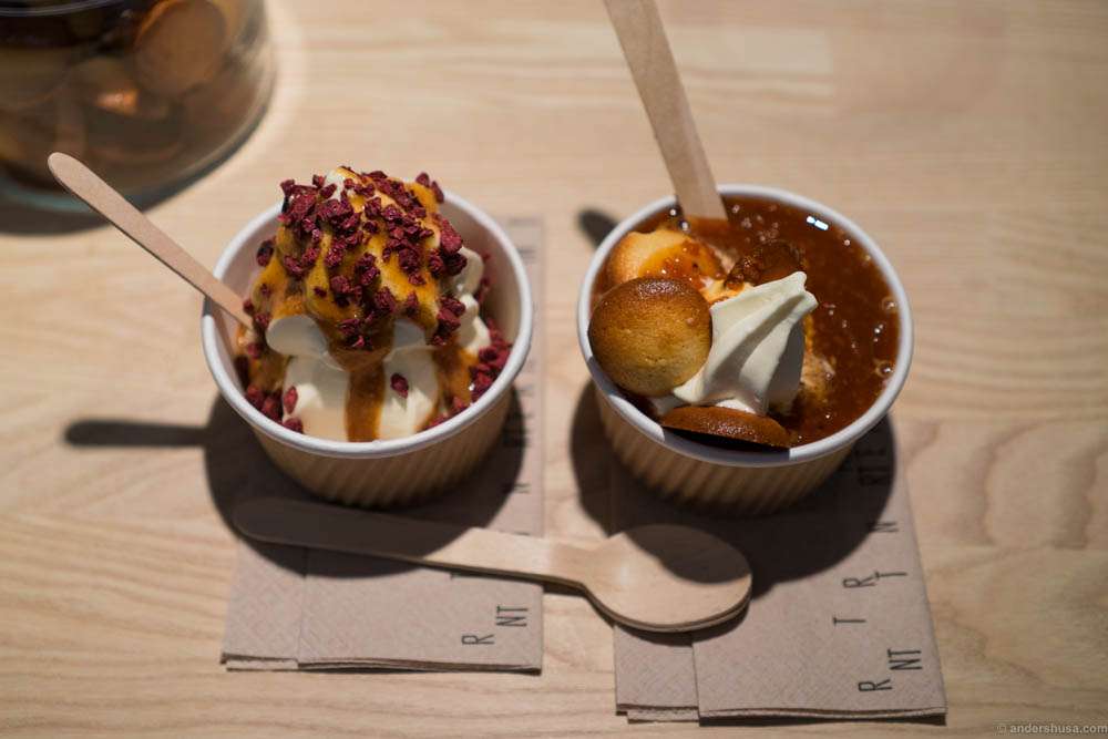Soft serve to the left and rosehip soup with biscuits and ice cream to the right