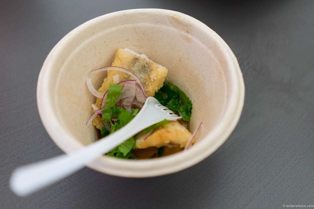 Not the best looker, but the best tasting dish thus far. Tempura soused herring (matjesild or jomfrusild in Norwegian) with sweet and salty ponzu sauce
