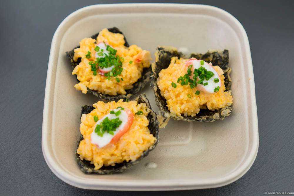Tempura nori "taco" with crab risotto and king crab