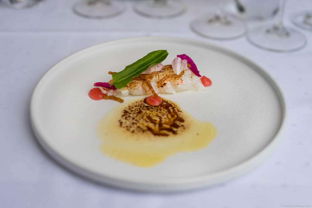 Burnt langoustine, rose hip & chickweed purée with caramelized langoustine butter