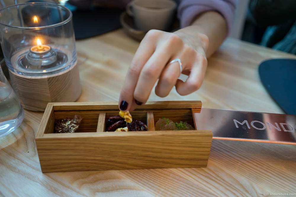 Petit four in a custom-made Mondo box to go with our coffee