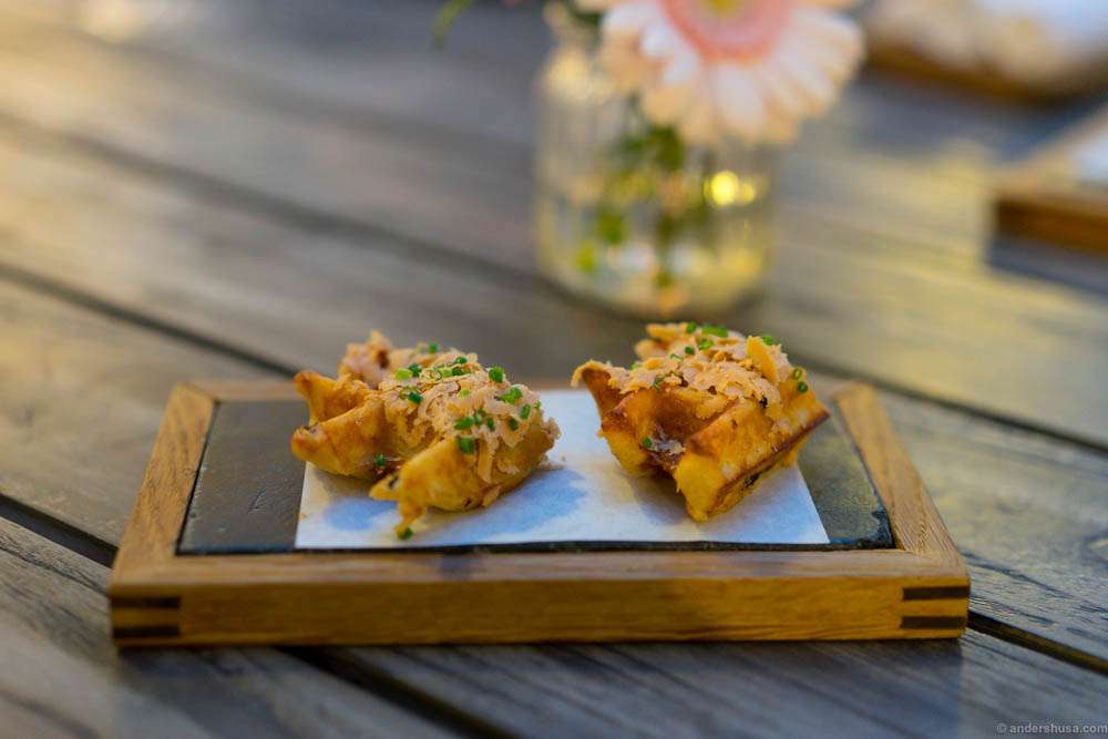 Potato waffles, rhubarb gel & duck liver
