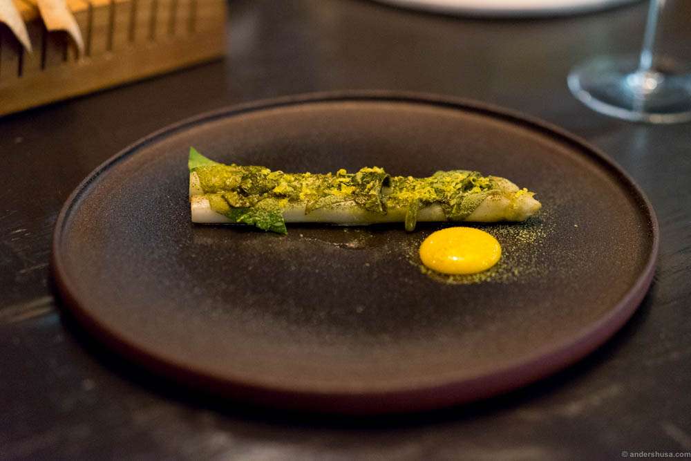 White asparagus, green matcha tea & egg yolk