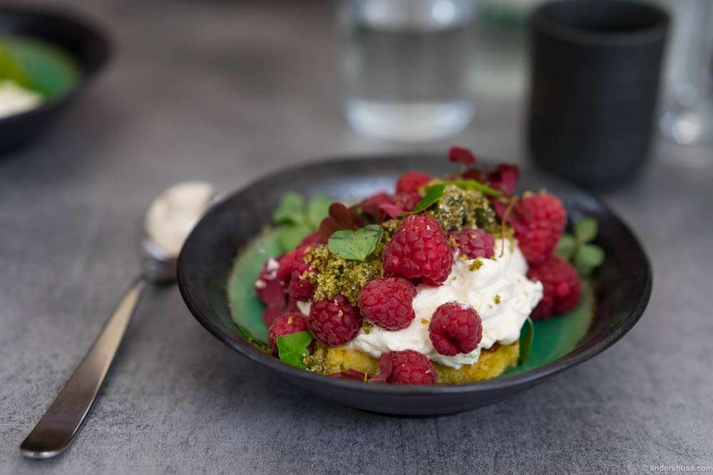 Brioche, raspberries, bergamot cream, pineappleweed, and wood sorrel