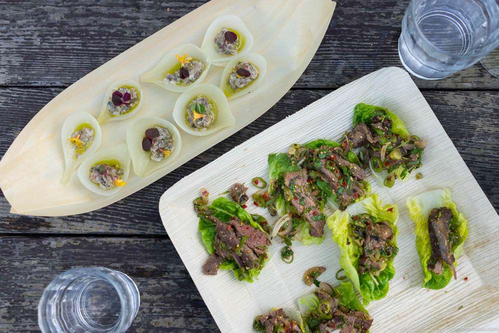 Onions with mushroom and sorrel. Thai flavored beef in little gem salad