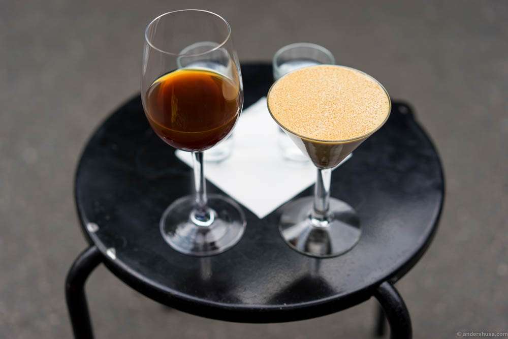 Tim Wendelboe's iced Gachatha on the left and the famous Cappuccino Al Freddo on the right