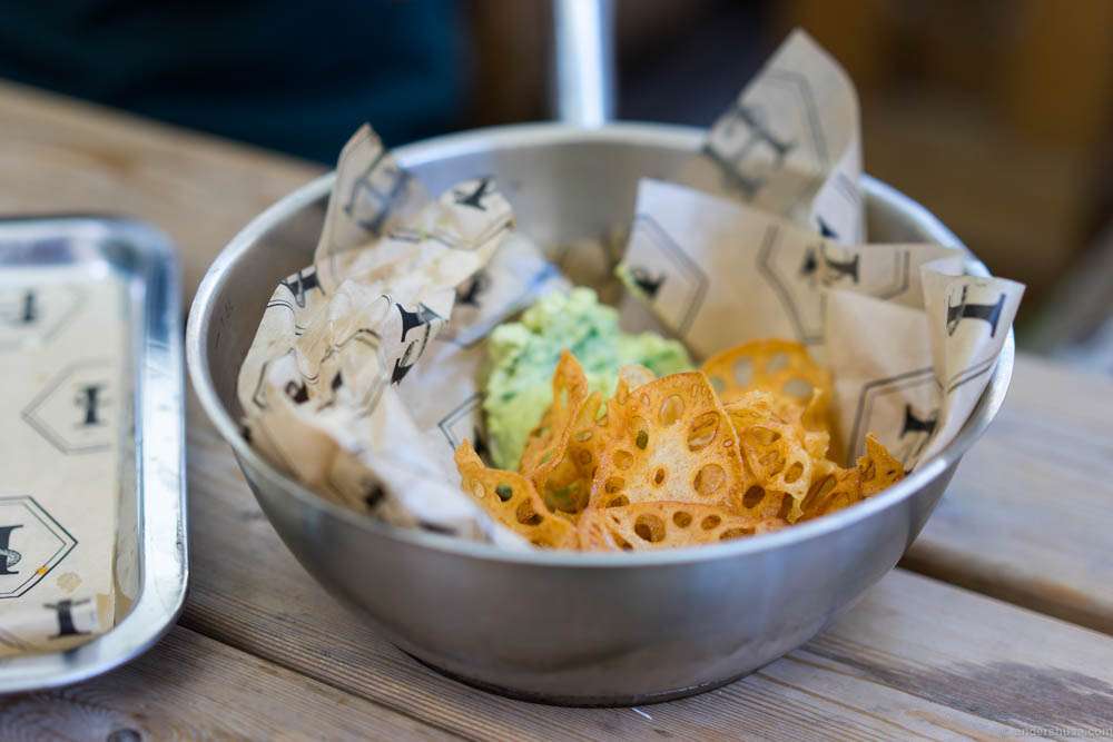 Lotus root chips with guacamole.