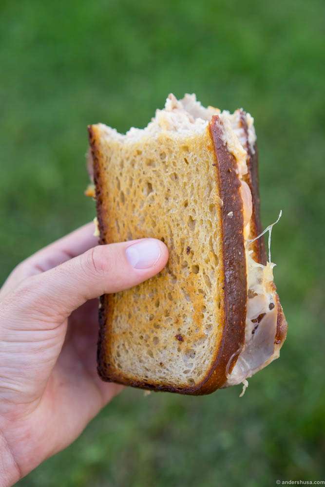 Croque Monsieur by Handwerk. Butter fried toast, loaded with cheese bechamel & smoked ham