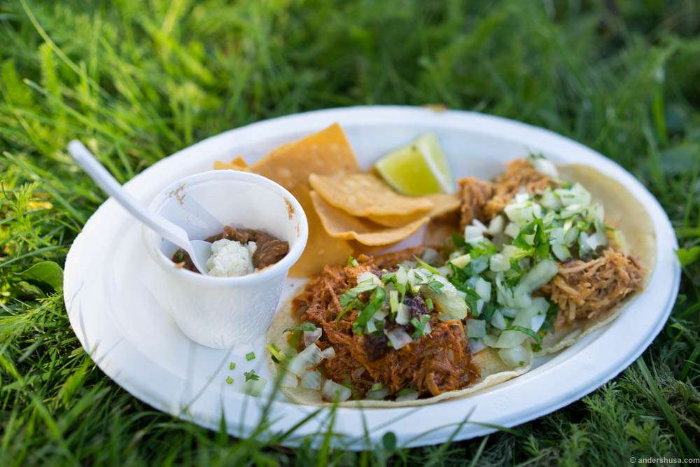 The taco platter from Taco Republica. Conchinita pibil (pork) and tinga de pollo (chicken).