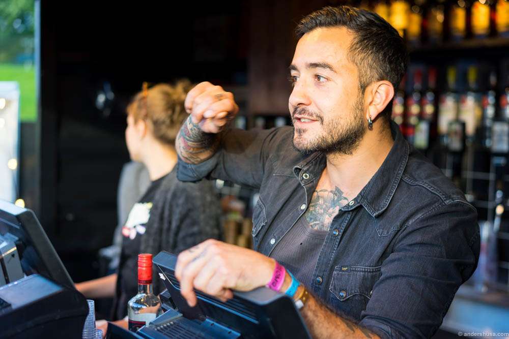 Robin behind the bar