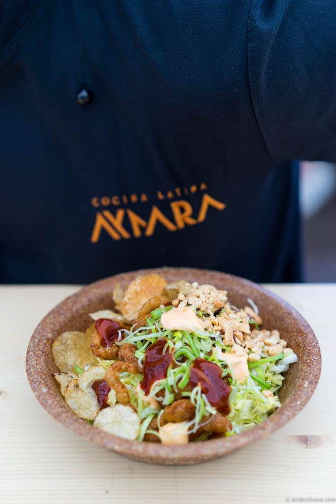 Potatoyaki with okonomiyaki sauce, Kewpie mayo, chips and peanuts from Aymara