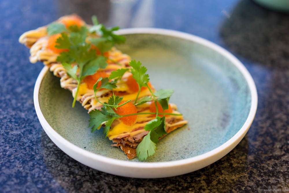 Veal "tataki," miso mayo, "løyrom" & cumin bread