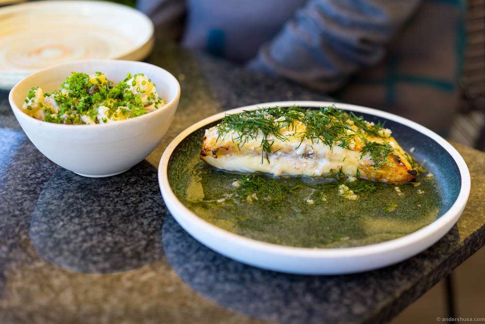 Turbot on the bone, horseradish & browned butter. Potatoes, Gruyère & capers on the side.