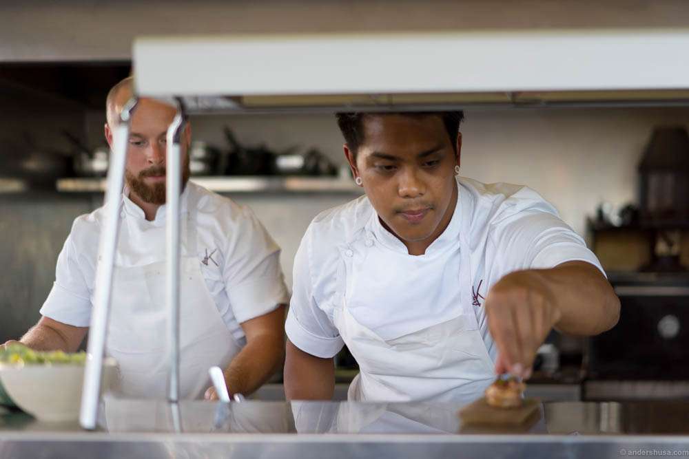 Marlon Malabanan putting the final touches to the chicken skewer & harissa